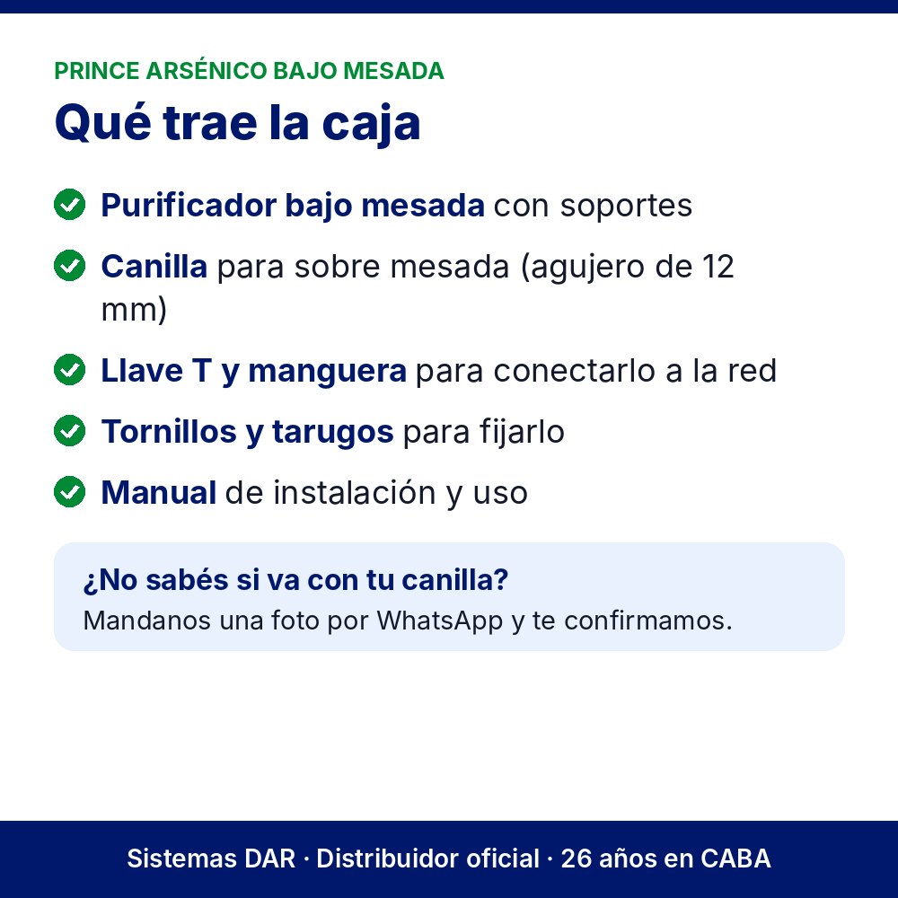 Qué trae la caja: Purificador Prince Arsénico Bajo Mesada