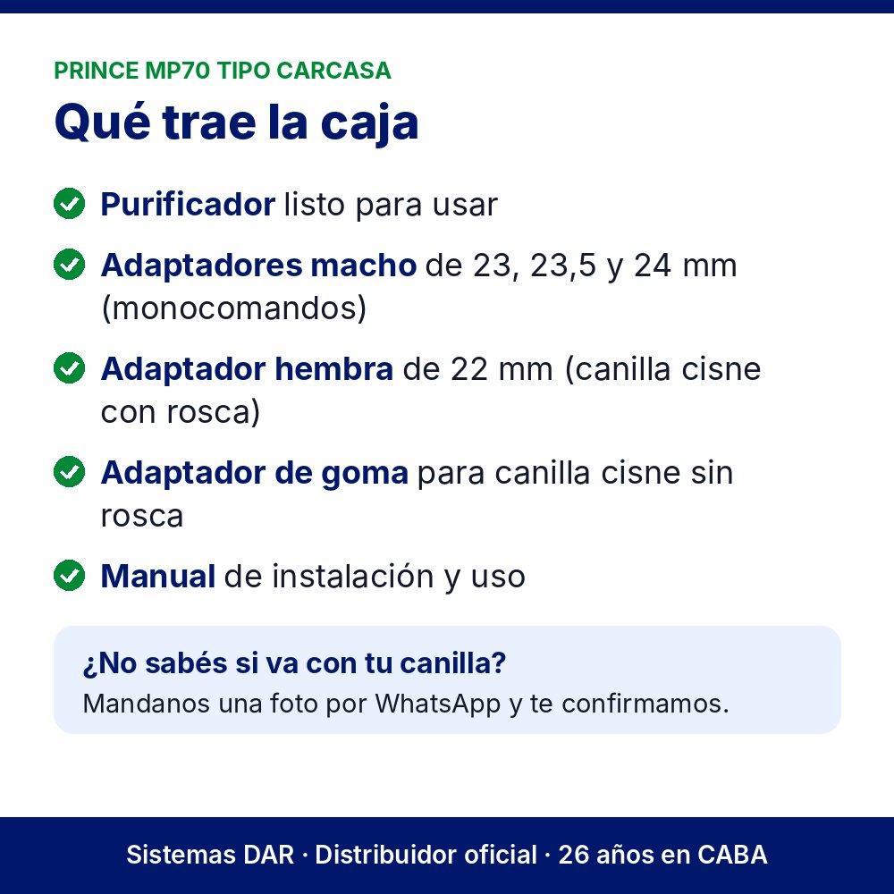 Qué trae la caja: Purificador Prince MP70 tipo carcasa