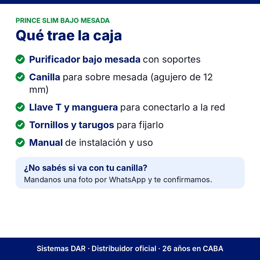 Qué trae la caja: Purificador Prince Slim Bajo Mesada